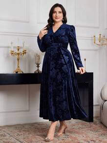 Modelyn Plus Size Women Floral Jacquard V-Neck Puff Sleeve Elegant Dress Long Evening Dresses - Navy Blue - View 5