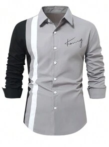 Manfinity Homme Camisa casual de manga larga con botones, estampado de letras y bloques de color, para hombre, otoño - Multicolor - Ver 4