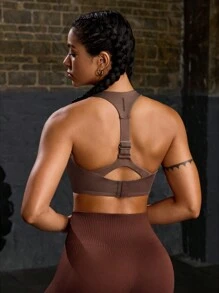 Powerista Women Solid Color Adjustable Hollow Comfy Elastic Sports Bra - Brown - View 2