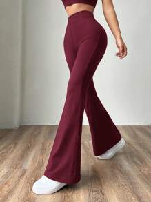 SHEIN EZwear 酒红色针织女款紧身喇叭裤 - 酒紅色 - 查看 3