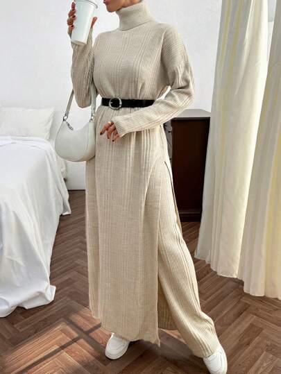 EURMUSE Women Solid Color Rib Knit Turtleneck Slit Detailed Long Sweater Dress & Sweater Pants Set