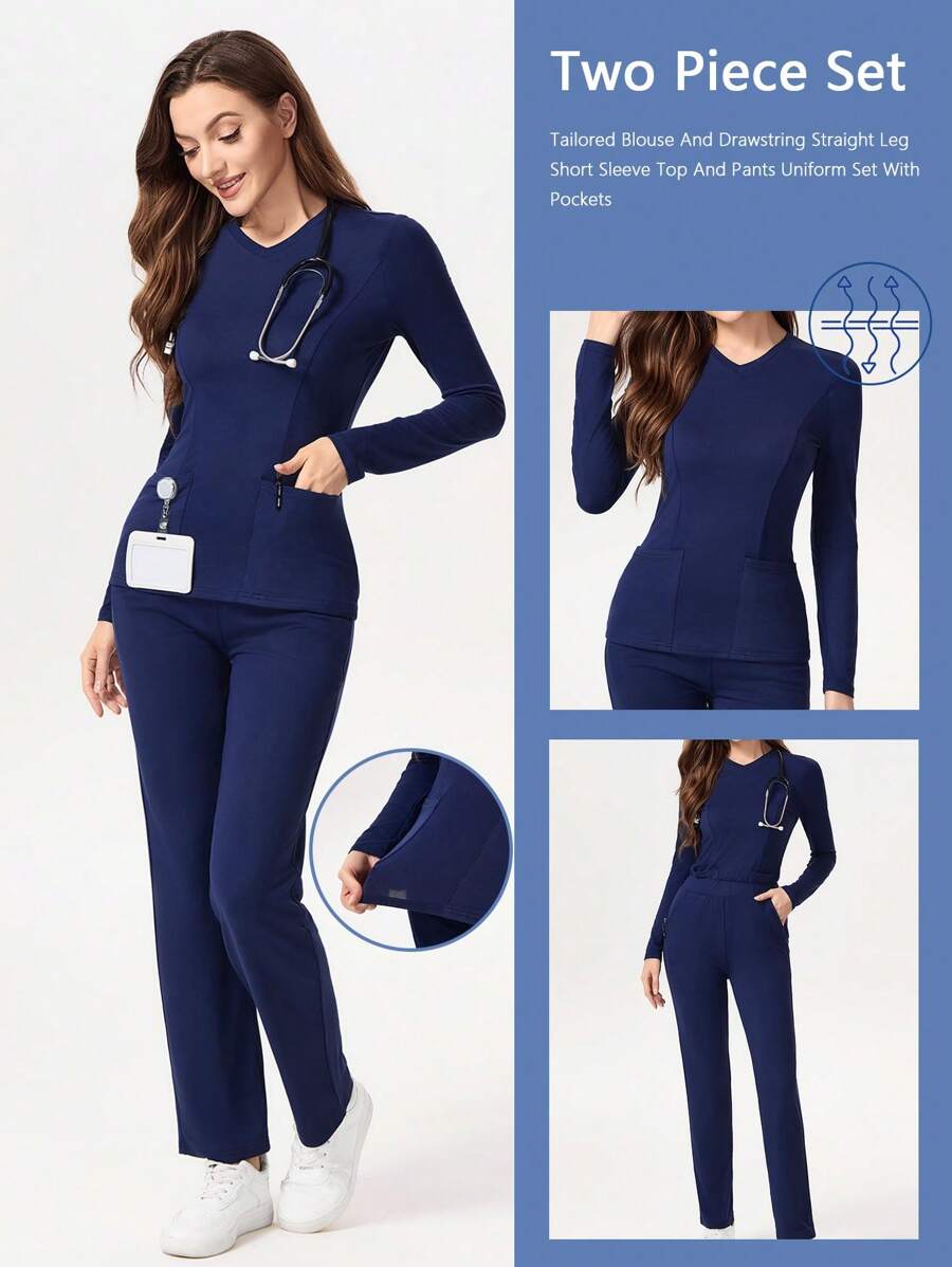 SHEIN TaskFit 纯色 V 领口袋长袖上衣和紧身裤 护理手术服套装 V 领定制上衣和抽绳直筒休闲裤，手术服套装 手术服套装 护士连衣裙 手术服上衣 手术服下装 实验室外套 手术服外套 - 彩色 - 查看 1