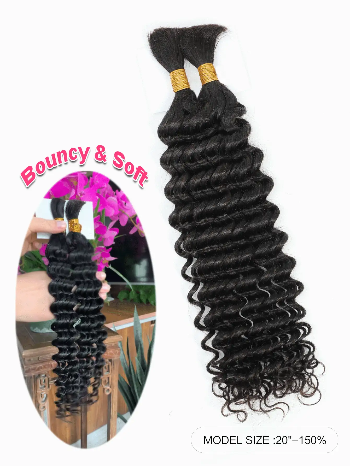 Boho Braids 2 piezas de extensiones de cabello humano a granel tipo trenzado en onda profunda, color negro natural, sin trama, para trenzas sin nudos