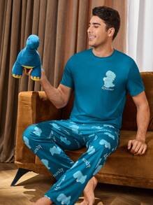 Men's Cartoon Dinosaur Print Crew Neck Short Sleeve Top And Pants Pajama Set - Blue - View 6