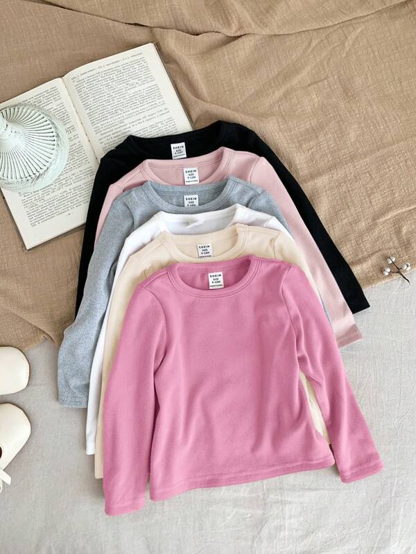 SHEIN LMoss Kids Camiseta de manga larga de bebé niña LMoss, de punto elástico y unicolor, multifuncional, versátil para otoño/invierno