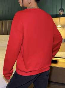 Muchica 圣诞快乐休闲简约圣诞灯泡手写文字印花宽松厚圆领长袖连帽衫女式运动衫 - 紅色 - 查看 7