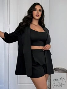 SHEIN Privé Ensemble tailleur pantalon court et veste noir élégant pour femmes grandes tailles, style minimaliste pour le lieu de travail, bordeaux d'automne - Noir - Voir 5