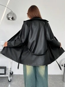 SHEIN EZwear Plus Size Solid Color Turn-Down Collar Cinched Waist Jacket, Autumn/Winter