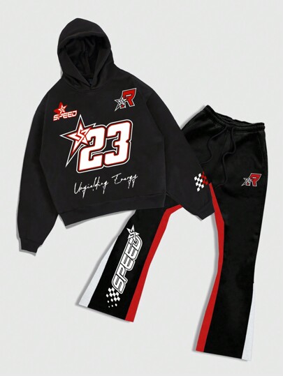 Street Life Men's Casual Autumn Letter Print Hoodie And Sweatpants Tracksuit