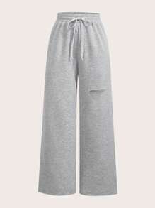 SHEIN EZwear Pantalones deportivos sueltos casuales de cintura con cordón y pierna ancha de unicolor para mujeres