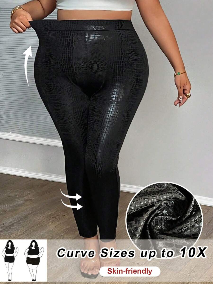 SHEIN CURVE+ 大码 PU 皮裤，适合派对、约会和圣诞节场合、秋冬季 - 黑色 - 查看 1