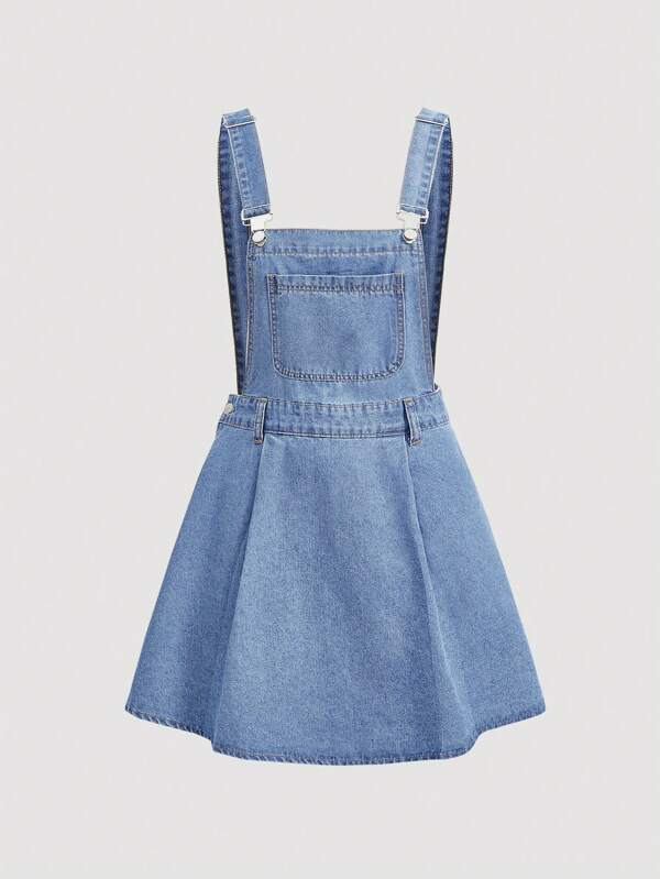 SHEIN MOD Retro Casual Denim Bib Overall Knee Length Dress, Blue Color