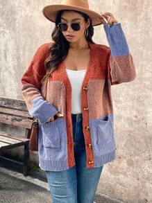 SHEIN LUNE Áo khoác cardigan dáng rộng màu xám Coloblock cỡ lớn, mặc đi chơi, đi làm, đi du lịch, đi dã ngoại - Nhiều màu - Xem 5