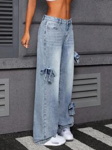 SHEIN ICON Women's Casual Denim Jeans, Y2K, Streetwear Style - Light Wash - View 3