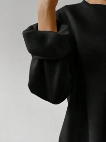 Muchica Women's Solid Color Round Neck Drop Shoulder Long Sleeve Thermal Lined Loose Long Sweatshirt Dress, Autumn/Winter - Black - View 5