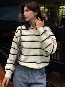 DAZY 女款拼色条纹宽松高领长袖毛衣 - 杏色 - 查看 1