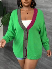 Slaydiva Basic Contrast Color Fit Long Sleeve Knit Cardigan For Women, Plus Size, Casual & Home Wear, Autumn/Winter