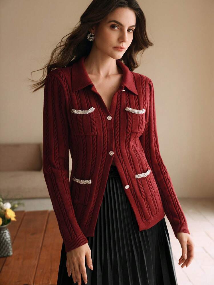 Elegant Classic Polo Collar Pearl Embellished Knit Trim Fitted Warm T-Shirt Knit Top Cardigan
