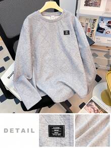 SHEIN Teen Boys' Casual Loose Fit Comfortable All-Match Style Woven Label Decoration Long Sleeve Crew Neck Top