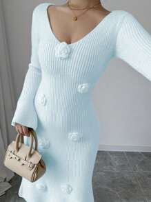 Chiquease 手工钩编花卉 V 领修身优雅长袖针织毛衣连衣裙 - 藍色 - 查看 3
