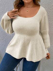 Calvaya 大码女式圆领喇叭下摆纯色休闲套头毛衣，秋冬针织套头衫 - 杏色 - 查看 5