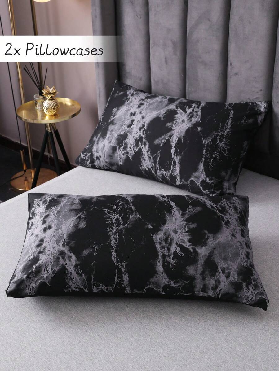 2 件装黑色大理石图案印花涤纶枕套，款式涤纶枕套 - 黑色 - 查看 1
