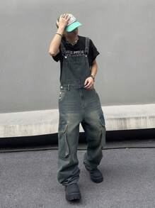 Manfinity EMRG 男式休闲宽松工装口袋牛仔背带连体裤