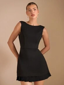 SHEIN BAE Women's Romantic Pleated Contrast Color Trim Detail Midi Dress, Suitable For Dates, Outings In Summer, And As Layering Piece In Fall - Black - View 6