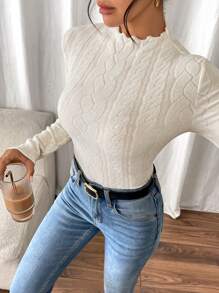 SHEIN Frenchy Women's Fashion Ruffle Collar Long Sleeve Fitted T-Shirt, Autumn Fall,Small Turtleneck Tight-Fitting Warm Textured Fabric Top