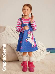 条纹圆领长袖独角兽印花宽松休闲连衣裙，适合年轻女孩