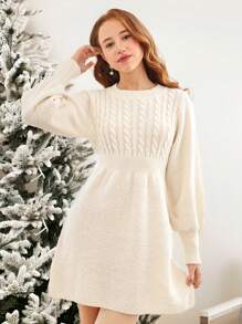 SHEIN 青少年女孩圆领针织纹理泡泡袖腰部褶皱 A 字休闲优雅连衣裙 - 杏色 - 查看 3