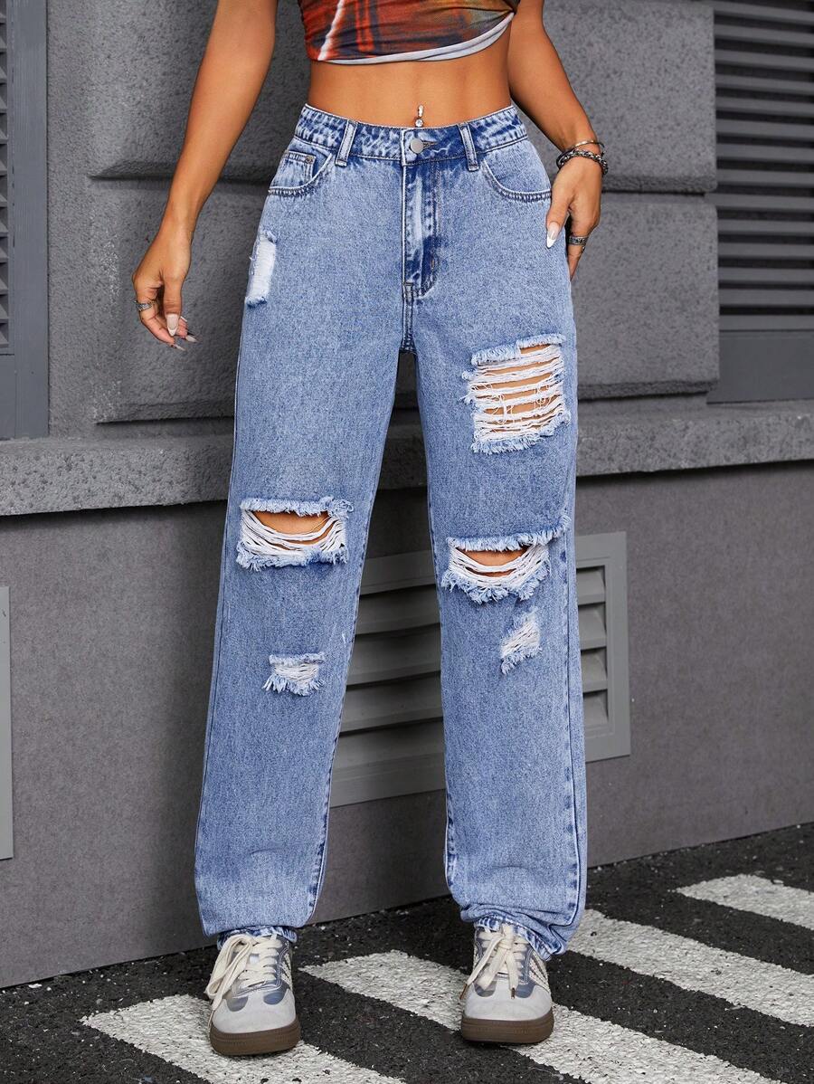 SHEIN ICON 女式休闲宽松直筒破洞口袋牛仔裤 - 中等水洗藍 - 查看 1