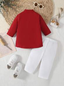 SHEIN 2pcs Baby Boy Style Long Sleeve Shirt Set, White Breathable Long Pants Paired With Red Open Front Shirt, Suitable For Daily Wear, Parties, Vacation, School, Gatherings, Spring/Summer/Autumn - Red and White - View 2