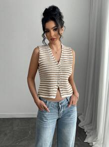 Chiquease 女士休闲条纹开襟毛衣背心，秋冬 - 彩色 - 查看 5