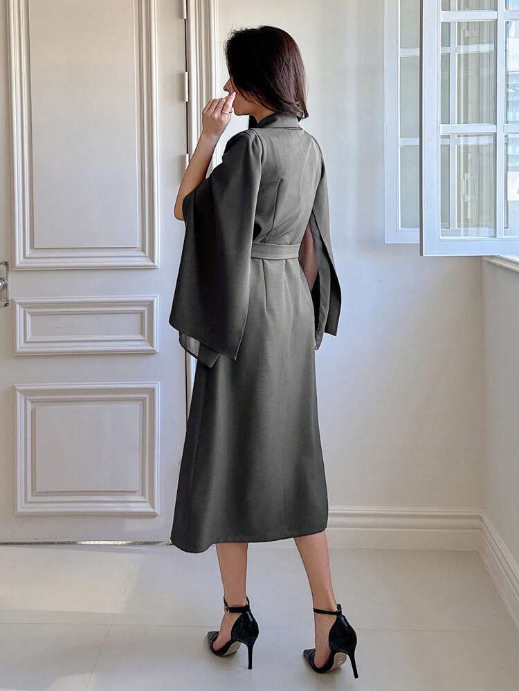 Women's Solid Color Mid-Length Dress With Collar,Fall Clothes Long Sleeve Dress