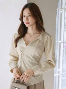 DAZY Áo cánh dài tay cài nút phía trước màu trơn dành cho nữ, trang phục thường ngày, trang phục mùa thu - Màu be - Xem 6