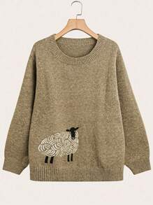 SHEIN LUNE 加大码彩色刺绣羊羔图案长袖套头衫，适合冬季 - 卡其色 - 查看 1