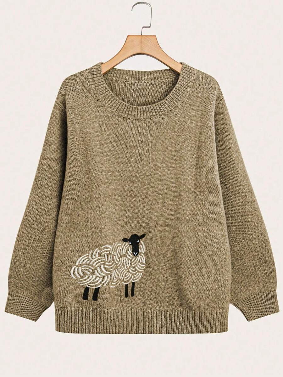 SHEIN LUNE 加大码彩色刺绣羊羔图案长袖套头衫，适合冬季 - 卡其色 - 查看 1