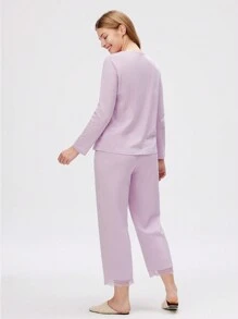 LUVLETTE 柔软紫色棉质 V 领蕾丝优雅饰边上衣和长裤家居服女士睡衣套装女士休闲套装内衣 - 淡紫色 - 查看 7