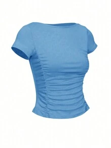 SHEIN Unity 素色褶邊T恤 - 藍色 - 查看 3