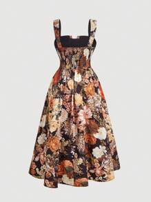 SHEIN CURVE+ 大码女式浪漫复古花卉印花优雅宽松连衣裙，配有胸杯肩带 - 彩色 - 查看 2