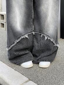 Flirla Washed Patchwork Leopard Print Wide Leg Jeans, Streetwear Y2K Style - Grey - View 8