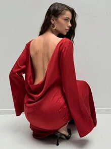 Aloruh Women's Elegant Winter Dress Christmas Party Dress Birthday Dress New Year's Dress Old Money Style Simple Commuting Dress Burgundy Long Sleeve High Slit Dress Backless Sexy Dress Red Dress Dress - Burgundy - View 6