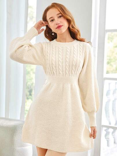 SHEIN Teen Girls Round Neck Knit Textured Puff Sleeve Waist Gathered A-Line Casual Elegant Dress,In Fall/Winter