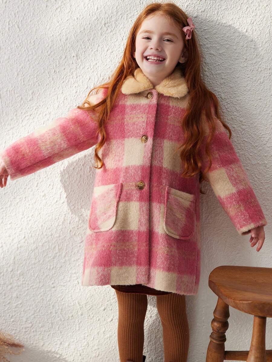 Blossori Young Girls Elegant French Style Orange Plaid Patch Pocket Fuzzy Collar Fitted Button-Front Overcoat For Autumn/Winter