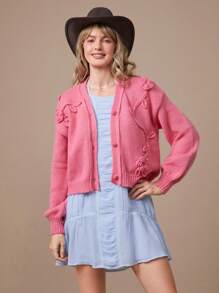 WESTFADE Summer Flower Applique Button Front Boxy Long Sleeve Cardigan Sweater - Pink - View 5