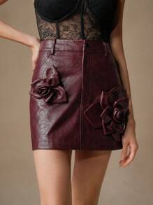 Anewsta Women's Modern Elegant Handmade 3D Flower Decor PU Leather Mini Skirt, New Year Party , Christmas - Burgundy - View 5