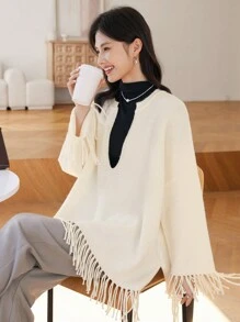 DAZY Women's Oversized V-Neck Tassel Relaxed Knit Sweater Fall
