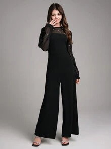Teen Girl Elegant Party Prom Faux Pearl & Mesh Contrast Jumpsuit