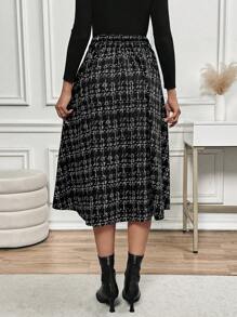 Editum 女式格子 A 字裙，仿高腰，适合优雅通勤和休闲穿着，秋冬季 - 黑與白 - 查看 8